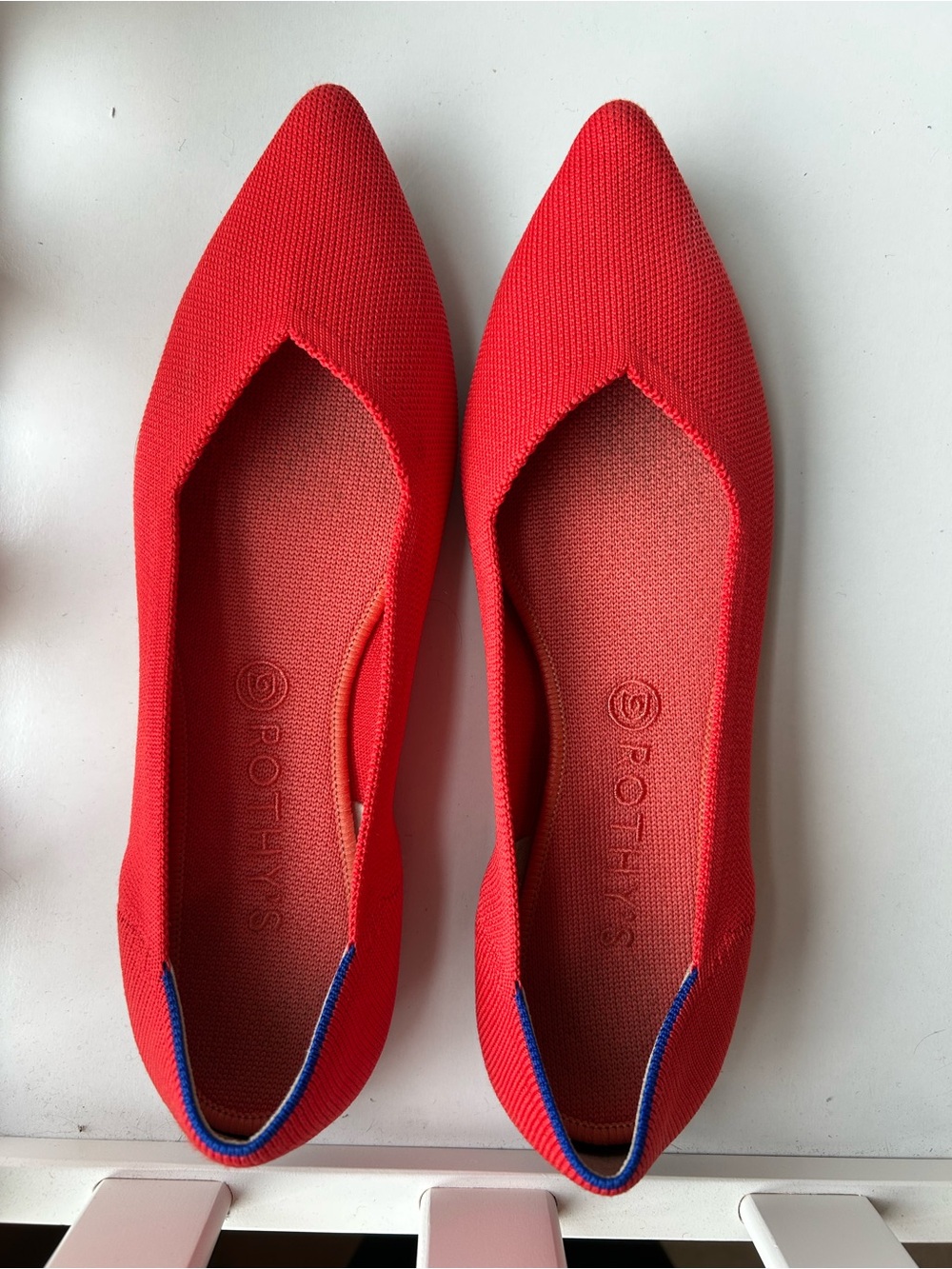 Rothy's Red Pointed-Toe Flats with Blue Trim (size 11.5)